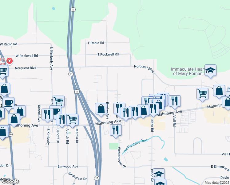 map of restaurants, bars, coffee shops, grocery stores, and more near 96 Kleber Avenue in Youngstown