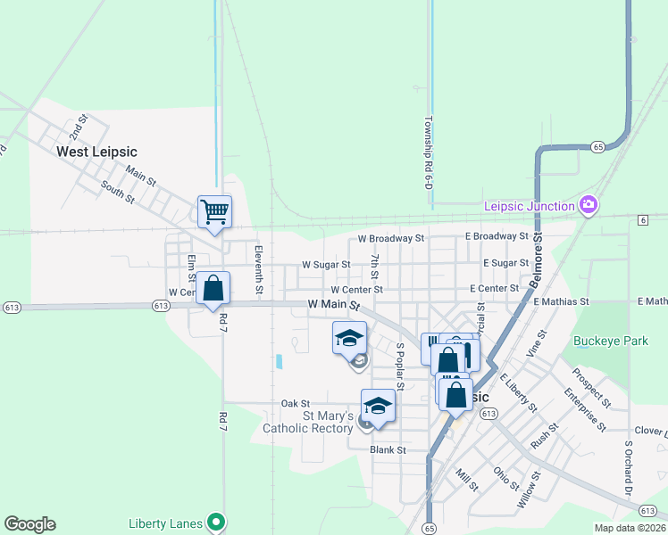 map of restaurants, bars, coffee shops, grocery stores, and more near 317 West Sugar Street in Leipsic