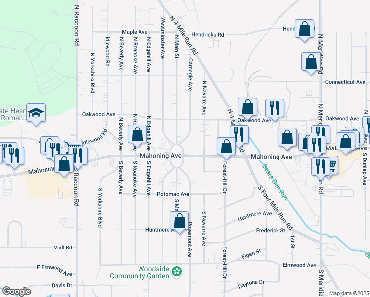 map of restaurants, bars, coffee shops, grocery stores, and more near 15 North Wickliffe Circle in Youngstown