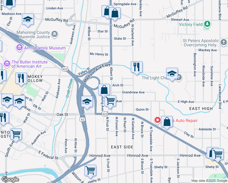 map of restaurants, bars, coffee shops, grocery stores, and more near 435 Albert Street in Youngstown