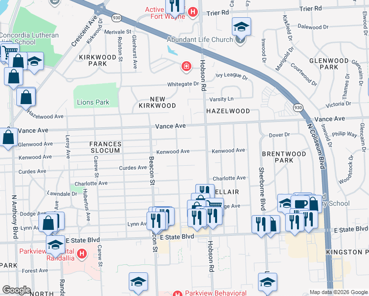 map of restaurants, bars, coffee shops, grocery stores, and more near 3013 Kenwood Avenue in Fort Wayne