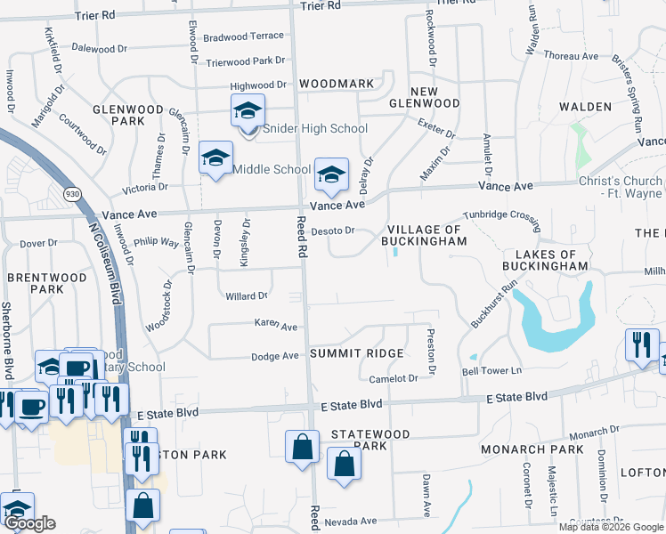 map of restaurants, bars, coffee shops, grocery stores, and more near 4906 Galway Drive in Fort Wayne