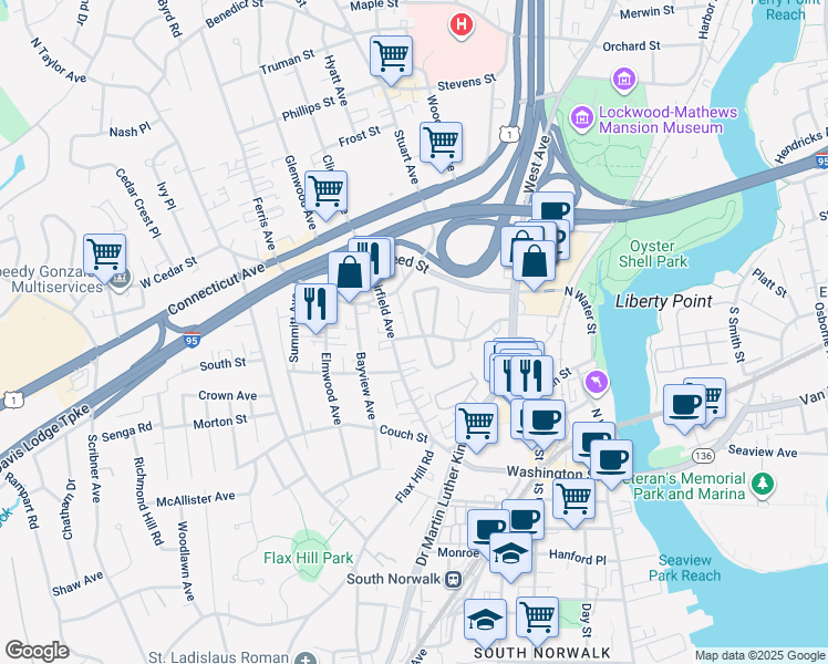 map of restaurants, bars, coffee shops, grocery stores, and more near 1 Garfield Street in Norwalk