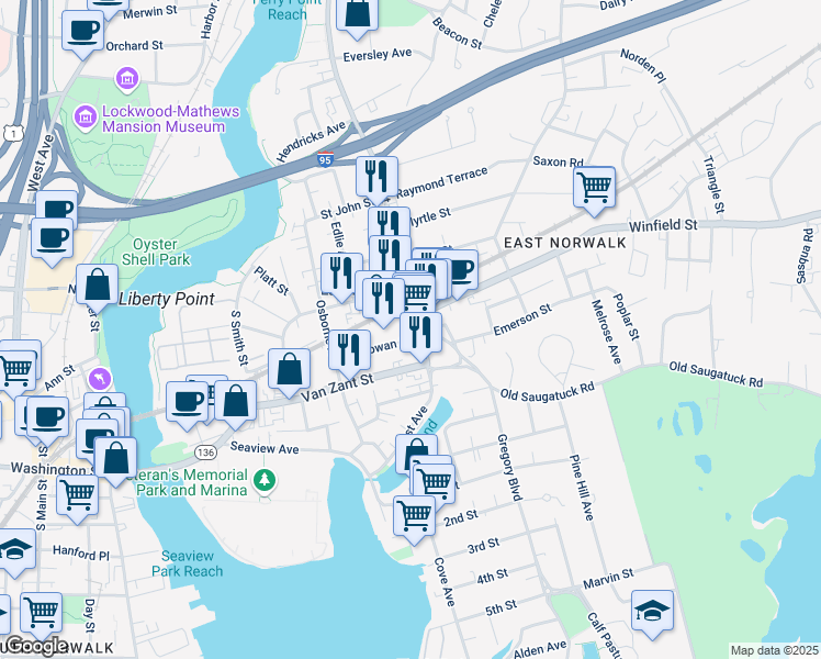 map of restaurants, bars, coffee shops, grocery stores, and more near 234 East Avenue in Norwalk