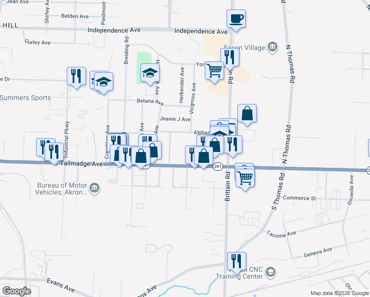 map of restaurants, bars, coffee shops, grocery stores, and more near 1446 Alphada Avenue in Akron