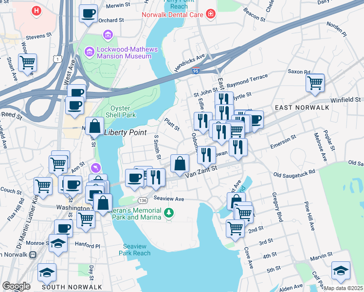 map of restaurants, bars, coffee shops, grocery stores, and more near 9 Moore Place in Norwalk