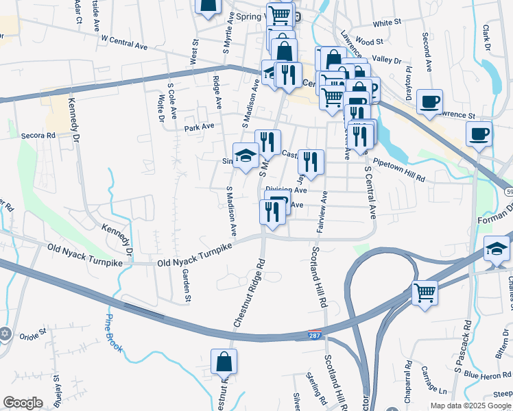 map of restaurants, bars, coffee shops, grocery stores, and more near 126 South Main Street in Spring Valley