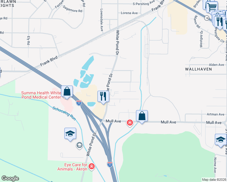map of restaurants, bars, coffee shops, grocery stores, and more near 477 White Pond Drive in Akron