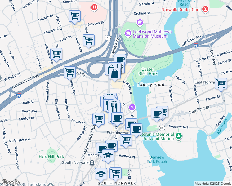 map of restaurants, bars, coffee shops, grocery stores, and more near 6 Putnam Avenue in Norwalk