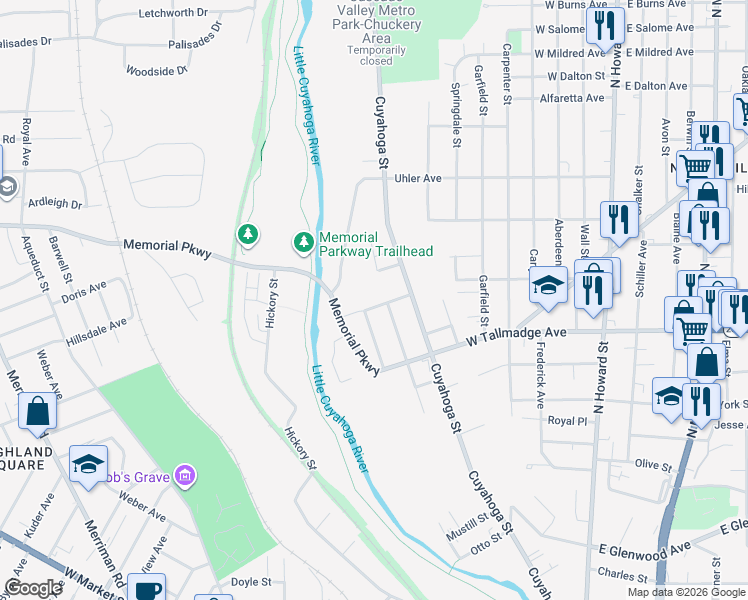 map of restaurants, bars, coffee shops, grocery stores, and more near 277 Shelby Ave in Akron