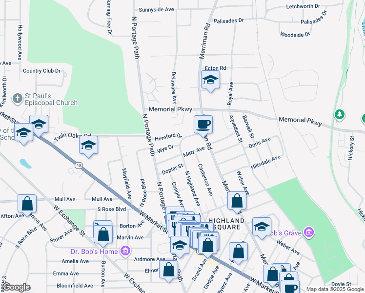 map of restaurants, bars, coffee shops, grocery stores, and more near 255 North Highland Avenue in Akron