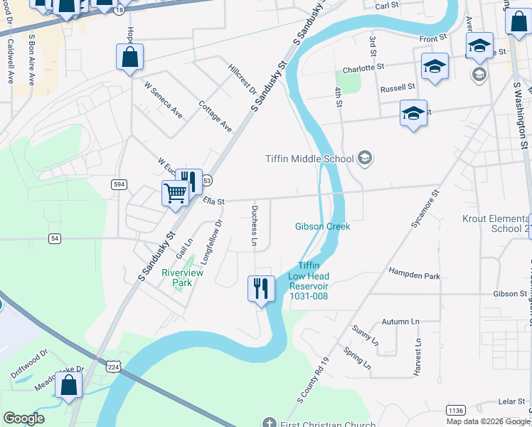 map of restaurants, bars, coffee shops, grocery stores, and more near 18 Duchess Lane in Tiffin