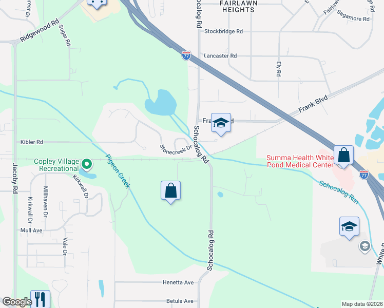 map of restaurants, bars, coffee shops, grocery stores, and more near 732 Schocalog Road in Akron