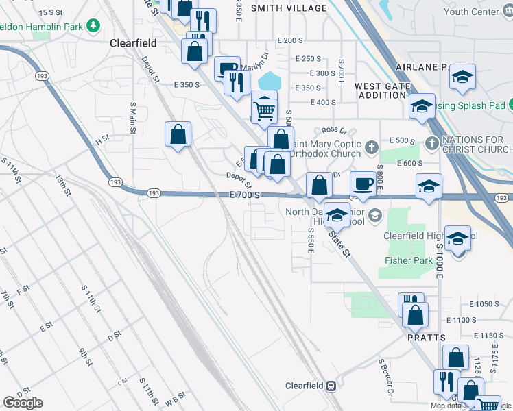 map of restaurants, bars, coffee shops, grocery stores, and more near 725 Depot Street in Clearfield