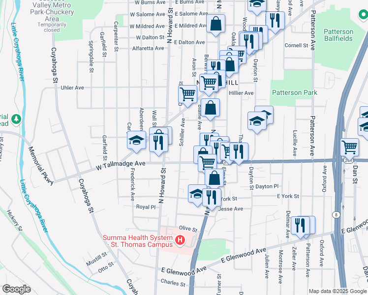 map of restaurants, bars, coffee shops, grocery stores, and more near 655 Schiller Avenue in Akron
