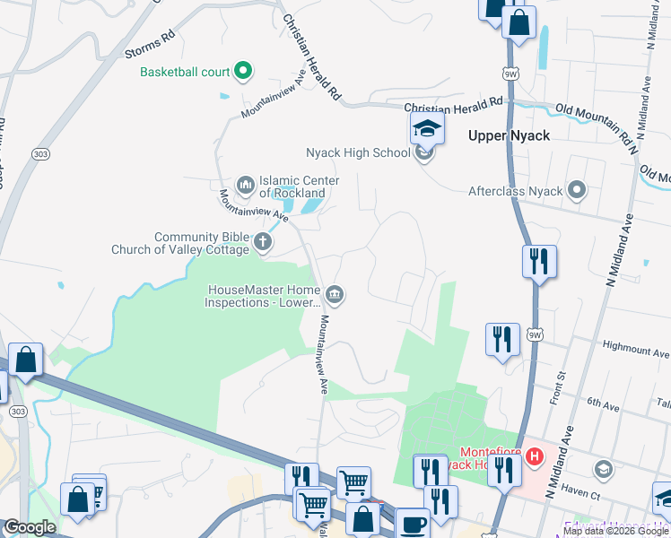 map of restaurants, bars, coffee shops, grocery stores, and more near 166 Sierra Vista Lane in Valley Cottage