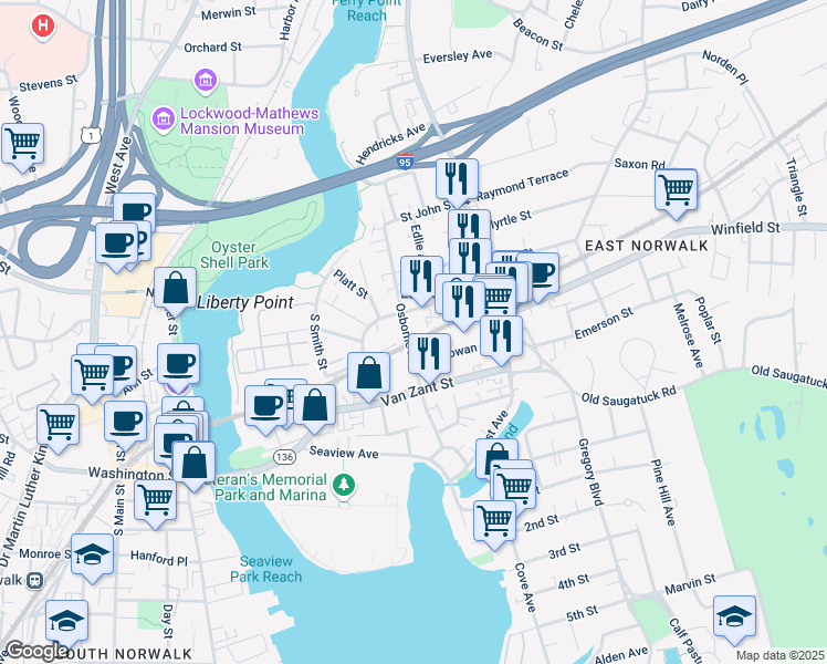 map of restaurants, bars, coffee shops, grocery stores, and more near 40 Osborne Avenue in Norwalk