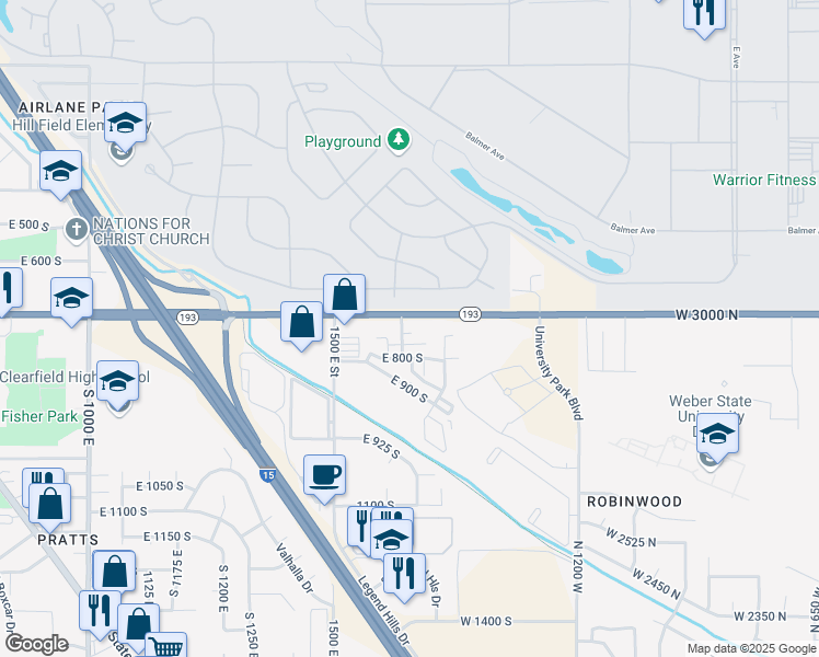 map of restaurants, bars, coffee shops, grocery stores, and more near 711 South 1600 East in Clearfield
