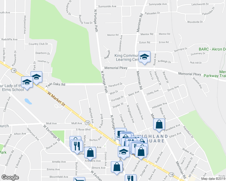 map of restaurants, bars, coffee shops, grocery stores, and more near 969 Wye Drive in Akron