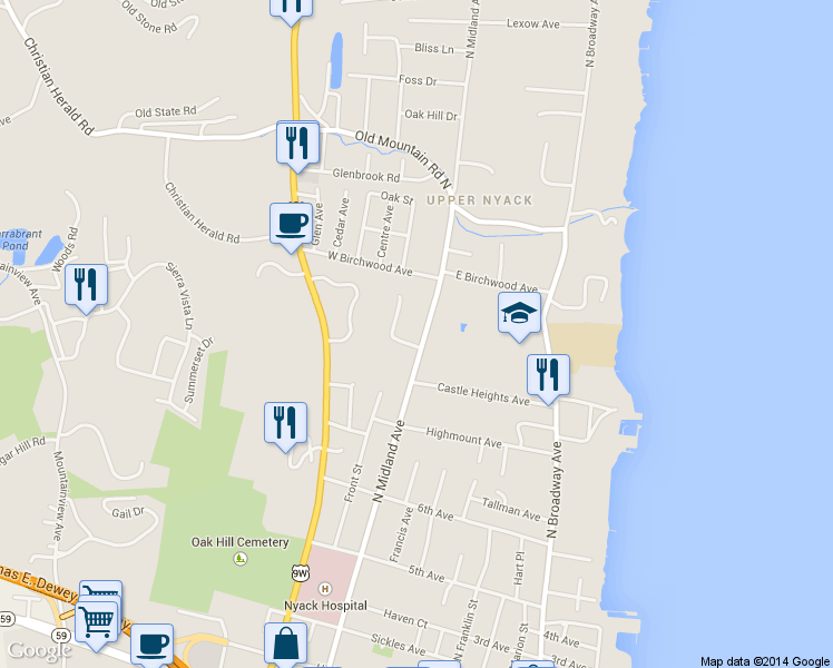 map of restaurants, bars, coffee shops, grocery stores, and more near 200 Wanamaker Lane in Nyack