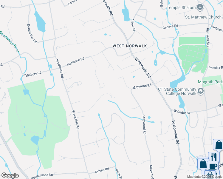map of restaurants, bars, coffee shops, grocery stores, and more near 38 3 Wells Road in Darien