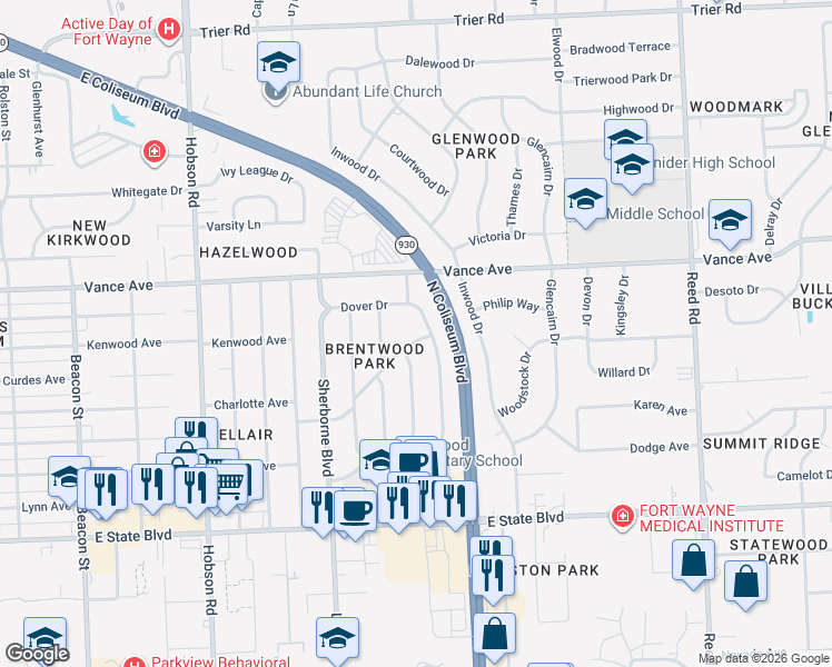 map of restaurants, bars, coffee shops, grocery stores, and more near 3815 Hastings Road in Fort Wayne