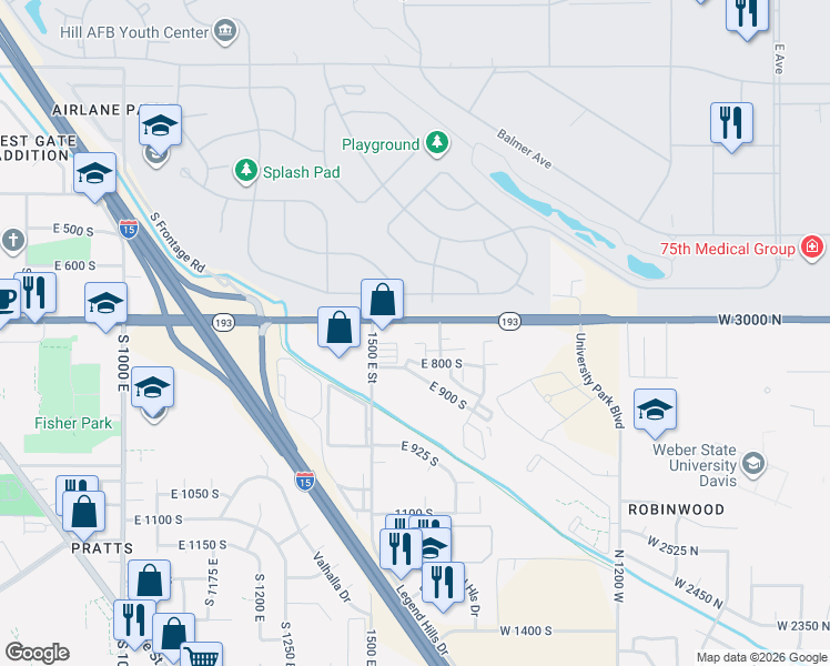 map of restaurants, bars, coffee shops, grocery stores, and more near 1546 East 700 South in Clearfield