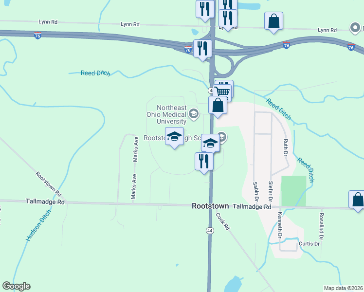 map of restaurants, bars, coffee shops, grocery stores, and more near 4209 Ohio 44 in Rootstown
