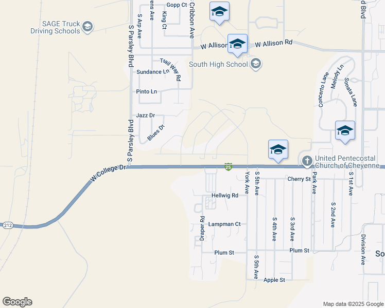 map of restaurants, bars, coffee shops, grocery stores, and more near 1611B West College Drive in Cheyenne