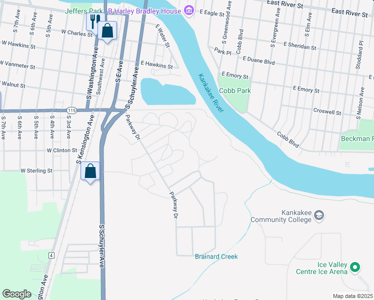 map of restaurants, bars, coffee shops, grocery stores, and more near 100 East Jeffery Street in Kankakee