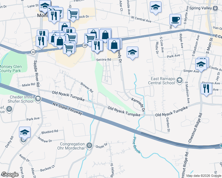 map of restaurants, bars, coffee shops, grocery stores, and more near 6 Secora Road in Ramapo