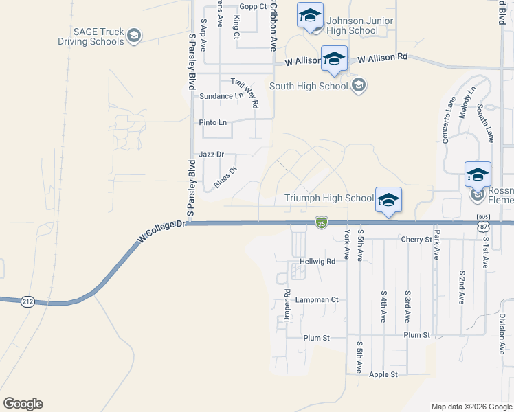 map of restaurants, bars, coffee shops, grocery stores, and more near 1578-1898 West College Drive in Cheyenne
