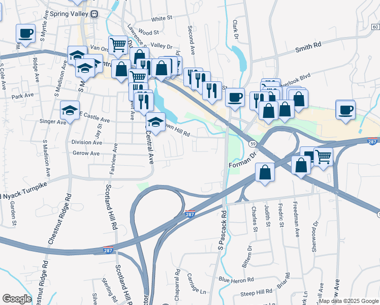 map of restaurants, bars, coffee shops, grocery stores, and more near 67 Pipetown Hill Road in Nanuet