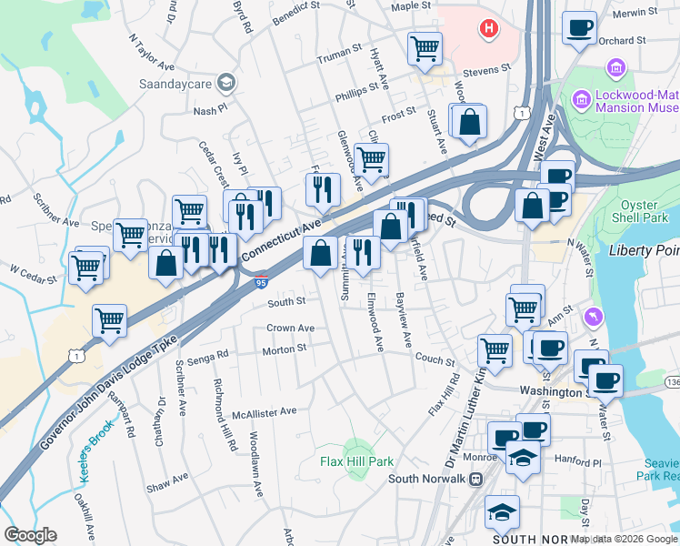 map of restaurants, bars, coffee shops, grocery stores, and more near 12 Summitt Avenue in Norwalk