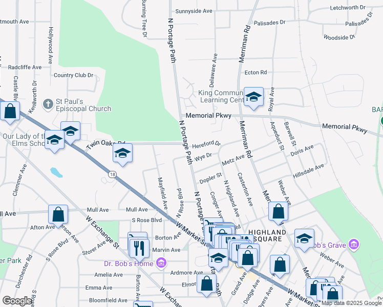 map of restaurants, bars, coffee shops, grocery stores, and more near 208 North Portage Path in Akron