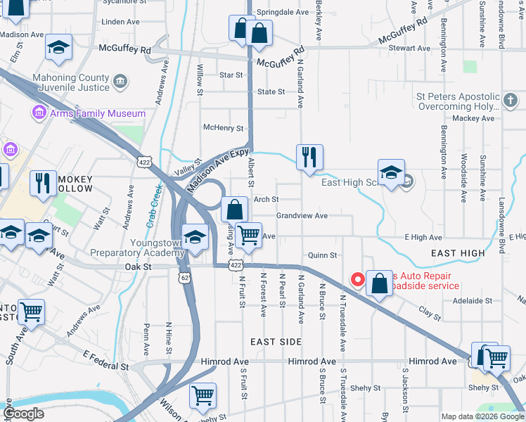map of restaurants, bars, coffee shops, grocery stores, and more near 435 Albert Street in Youngstown