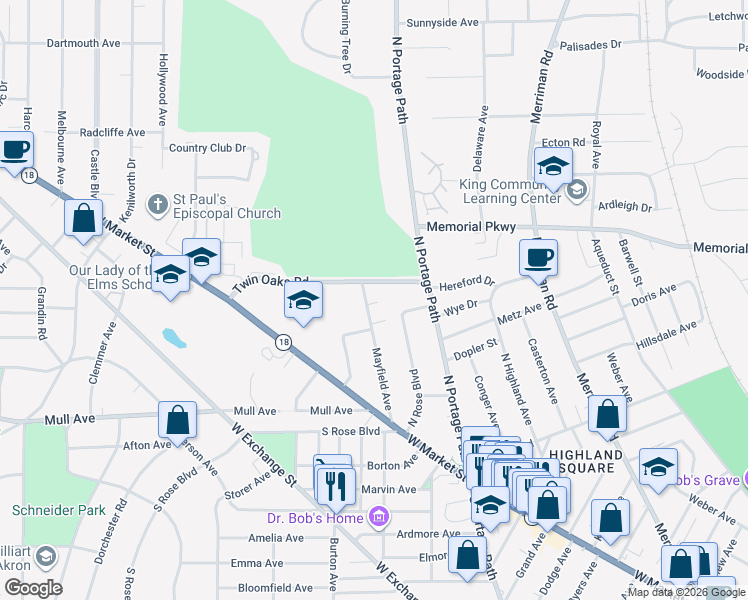 map of restaurants, bars, coffee shops, grocery stores, and more near 135 North Rose Boulevard in Akron