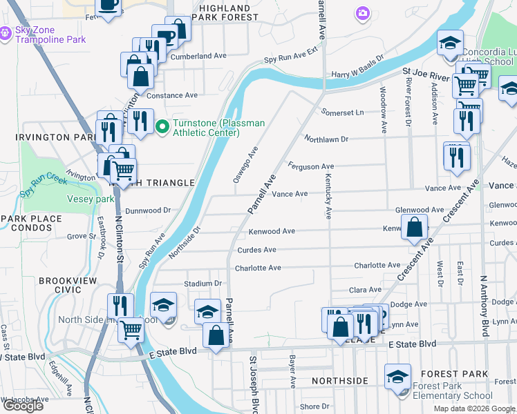 map of restaurants, bars, coffee shops, grocery stores, and more near in Fort Wayne
