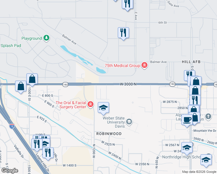 map of restaurants, bars, coffee shops, grocery stores, and more near 2950 North 1100 West in Layton