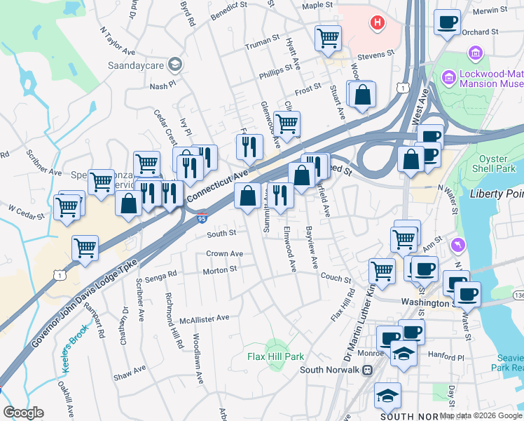 map of restaurants, bars, coffee shops, grocery stores, and more near 12 Summitt Avenue in Norwalk