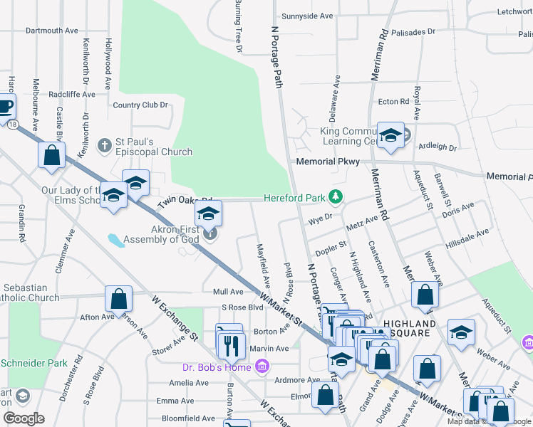 map of restaurants, bars, coffee shops, grocery stores, and more near 135 North Rose Boulevard in Akron