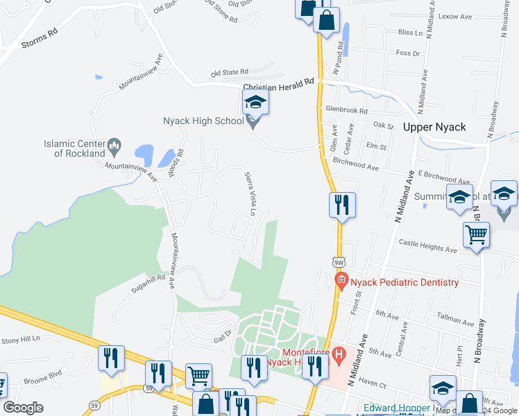 map of restaurants, bars, coffee shops, grocery stores, and more near 557 Sierra Vista Lane in Valley Cottage