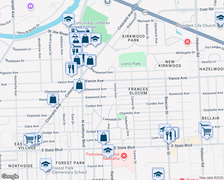 map of restaurants, bars, coffee shops, grocery stores, and more near 2110 Glenwood Avenue in Fort Wayne