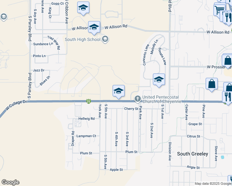 map of restaurants, bars, coffee shops, grocery stores, and more near 1250 West College Drive in Cheyenne