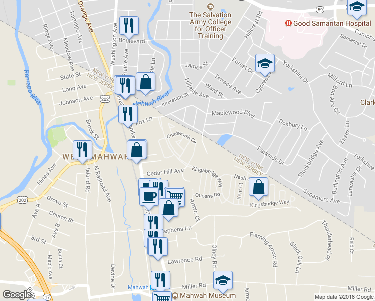 map of restaurants, bars, coffee shops, grocery stores, and more near 1124 Stafford Street in Mahwah