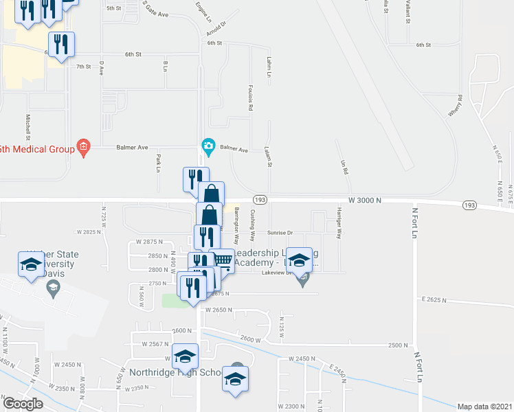 map of restaurants, bars, coffee shops, grocery stores, and more near 180 Cushing Way in Layton