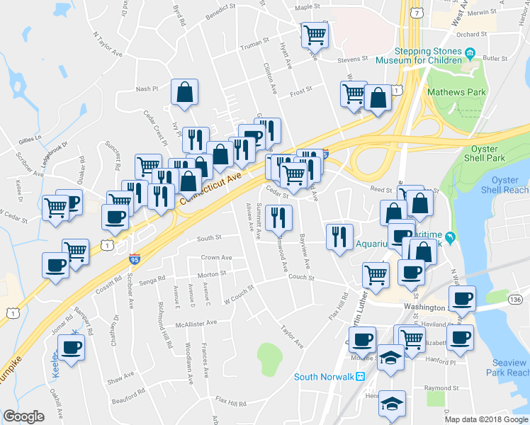 map of restaurants, bars, coffee shops, grocery stores, and more near 8 Summitt Avenue in Norwalk