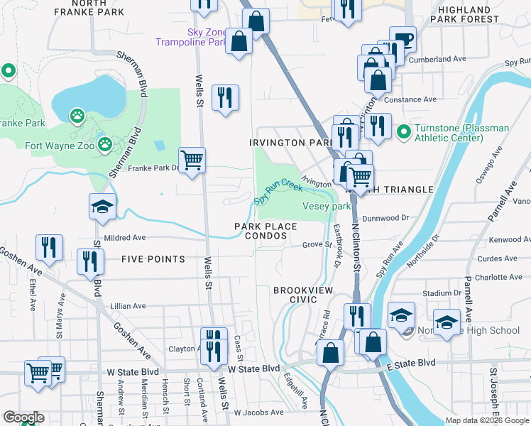 map of restaurants, bars, coffee shops, grocery stores, and more near 2939 Young Drive in Fort Wayne
