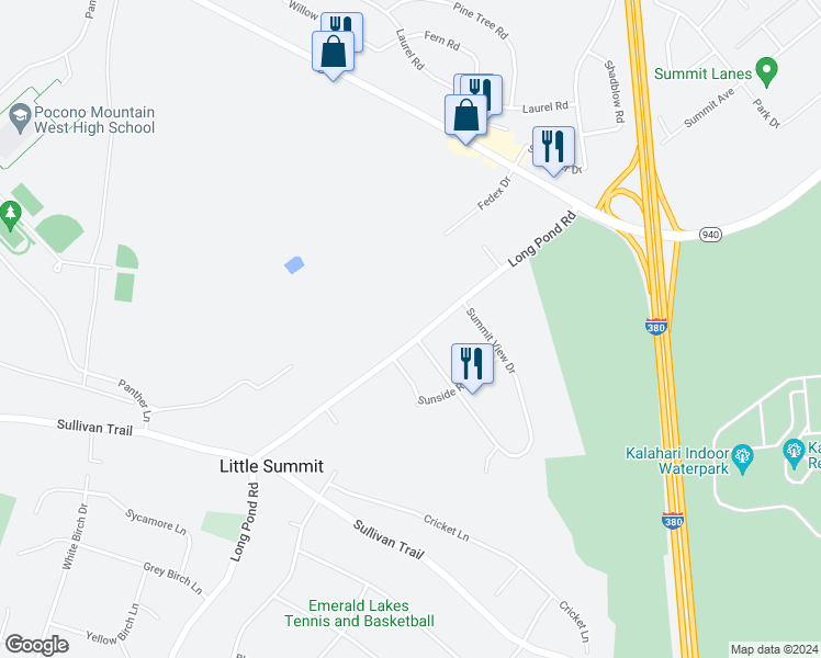 map of restaurants, bars, coffee shops, grocery stores, and more near 2935 Long Pond Road in Long Pond