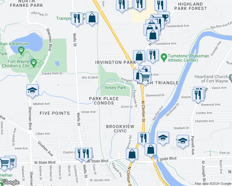 map of restaurants, bars, coffee shops, grocery stores, and more near 100 Young Drive in Fort Wayne